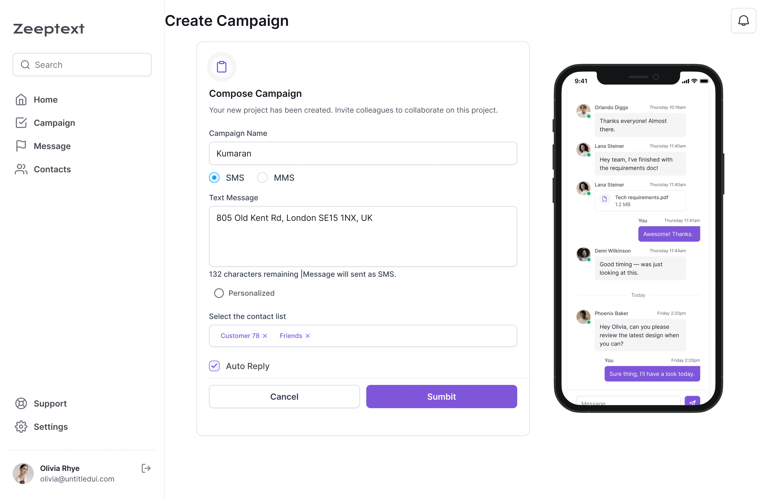 Zeeptext SMS Broadcast Dashboard Interface - Create Campaign Form and Mobile Preview